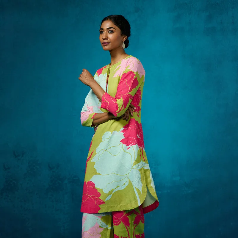 Linen Kurta Set For Women | Floral Printed | Lime Green