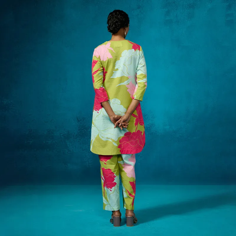 Linen Kurta Set For Women | Floral Printed | Lime Green