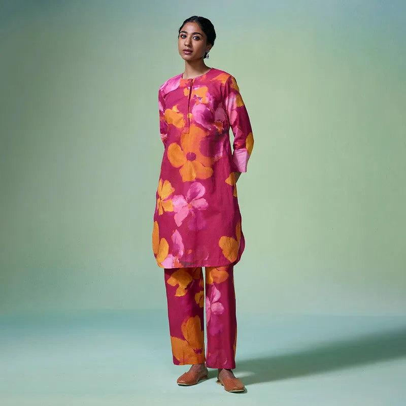 Linen Pink Kurta Set For Women | Floral Printed