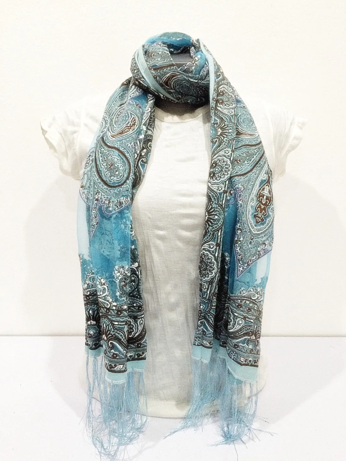 Lovely Hand Made Thai Floral Scarf Shawl Light Blue