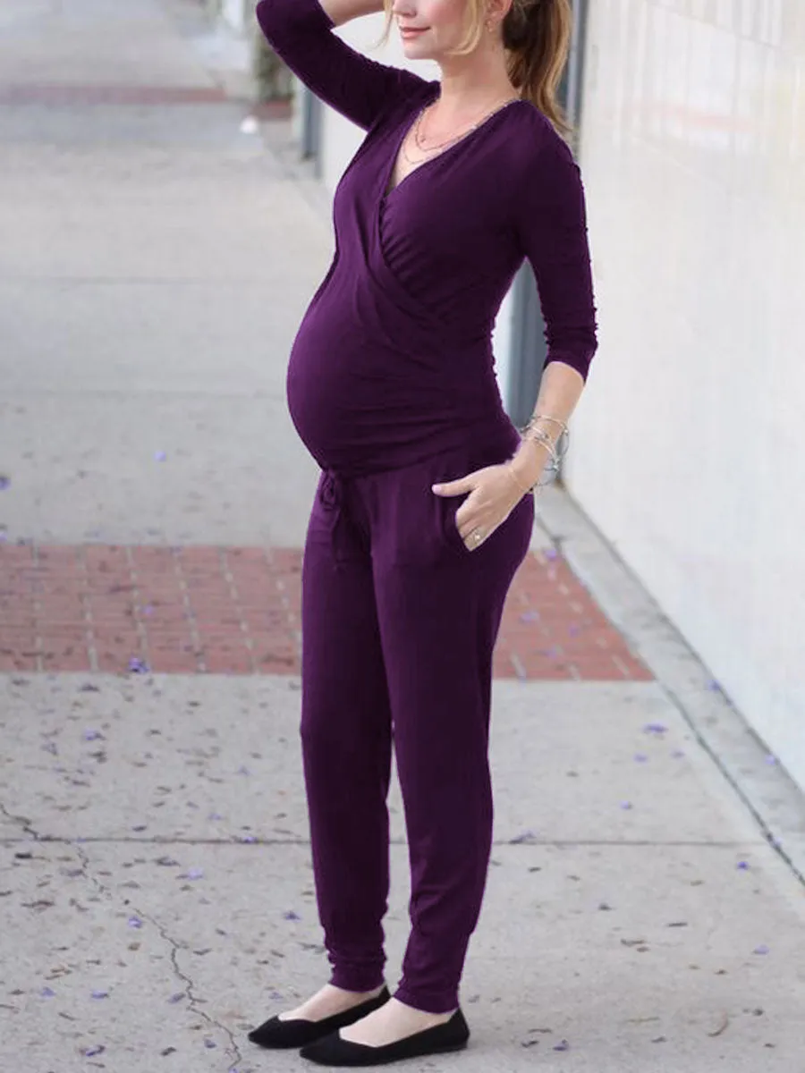 Maternity V-neck Long-sleeved Trousers Solid Color Jumpsuit