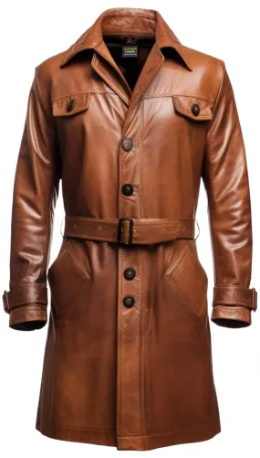 Men Vintage Brown Leather Coat- Long Leather Coat