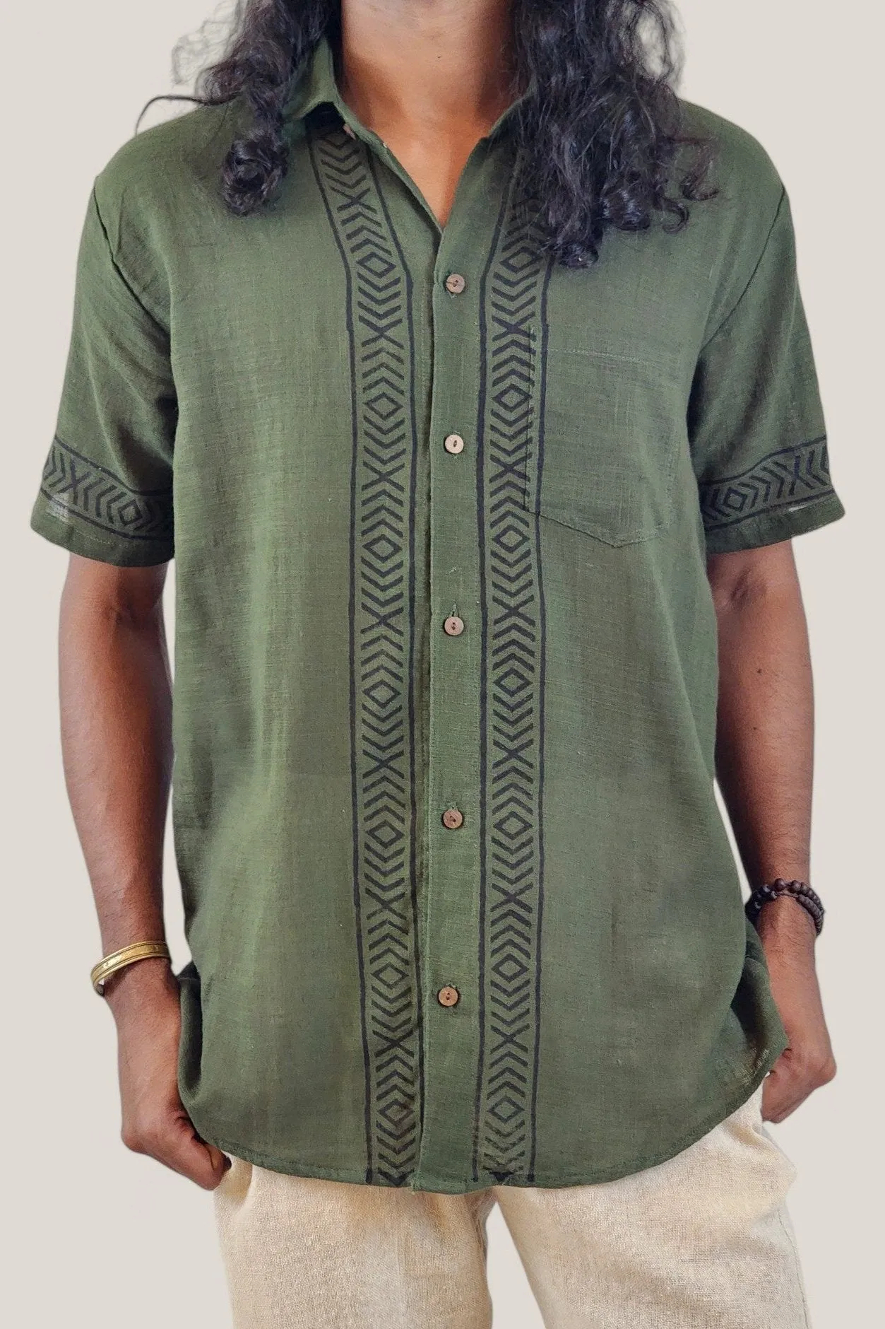 Men's Green Organic Linen Short Sleeve Block-Printed Button-Down Shirt