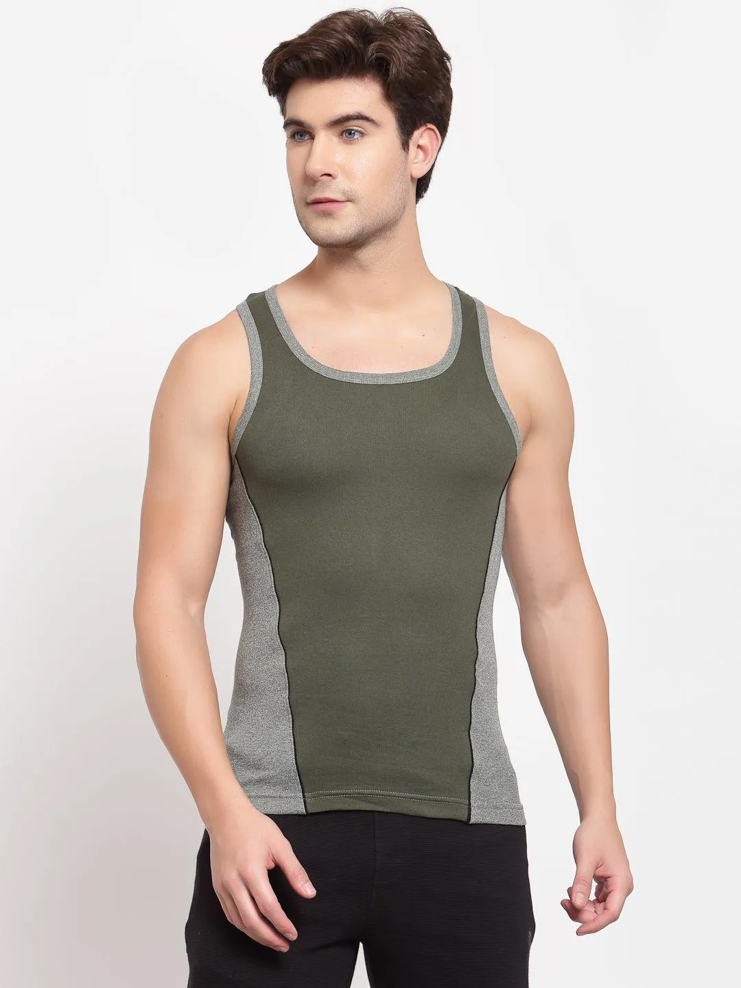 Men's Gym Vests with Contrast Side Panels - Pack 0f 2 (Olive & Navy)