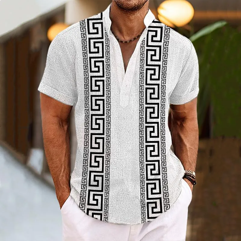 Men's Henley Collar Baroque Printed Short Sleeve Shirt 69630525L