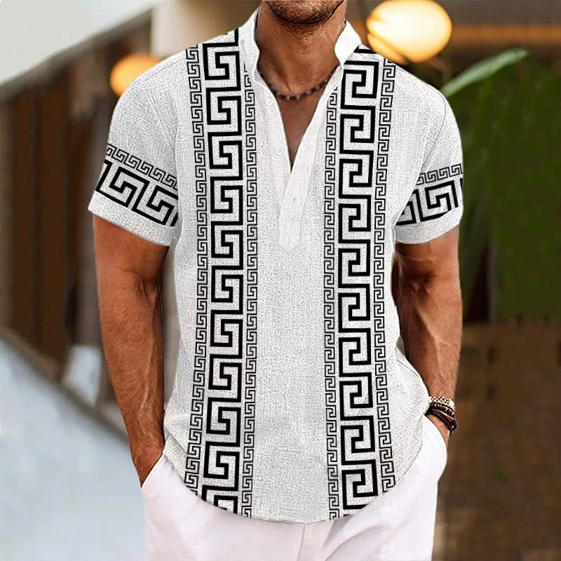 Men's Henley Collar Baroque Printed Short Sleeve Shirt 69630525L