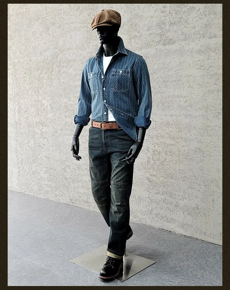 Men's Jacquard Indigo Dyeing Western Denim Shirt