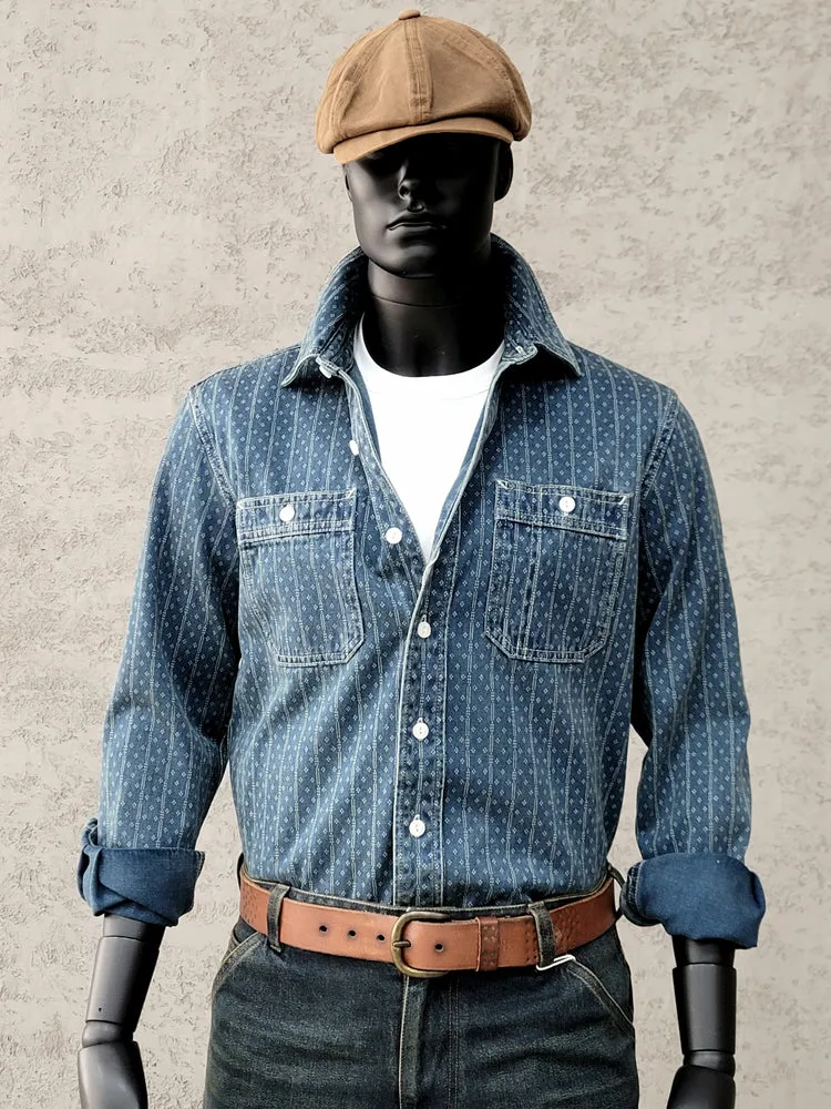 Men's Jacquard Indigo Dyeing Western Denim Shirt