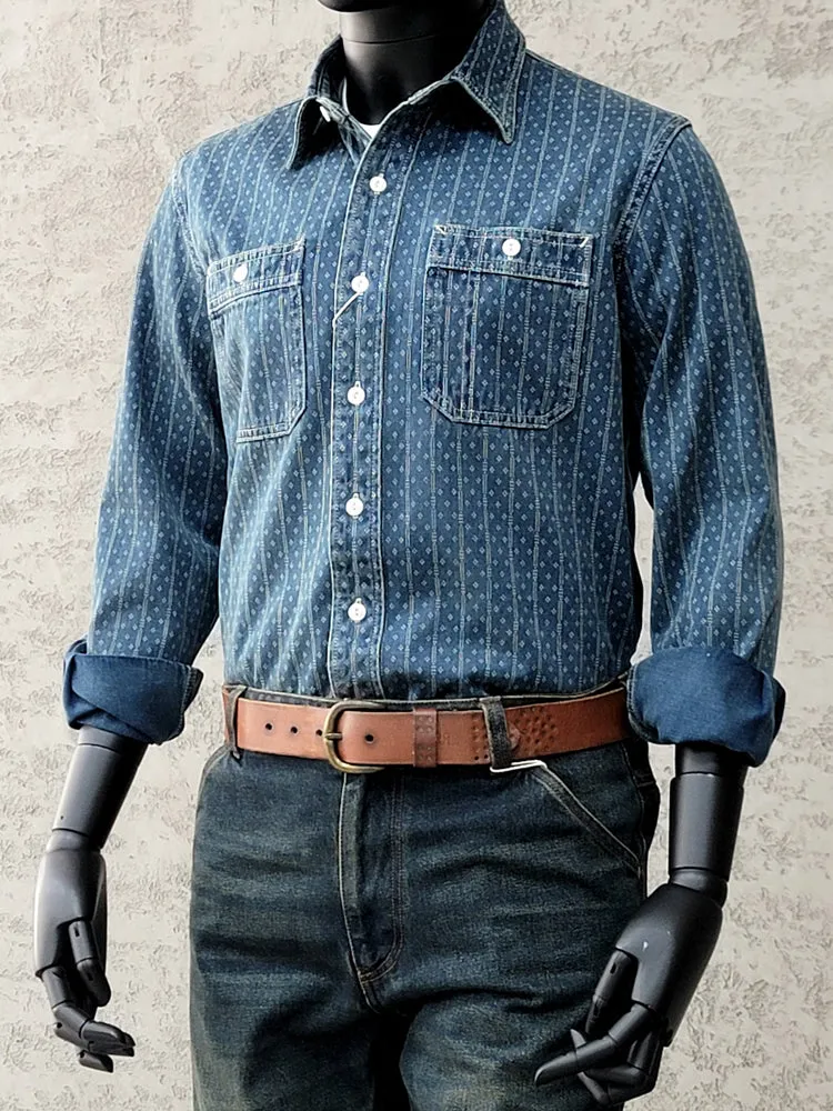 Men's Jacquard Indigo Dyeing Western Denim Shirt