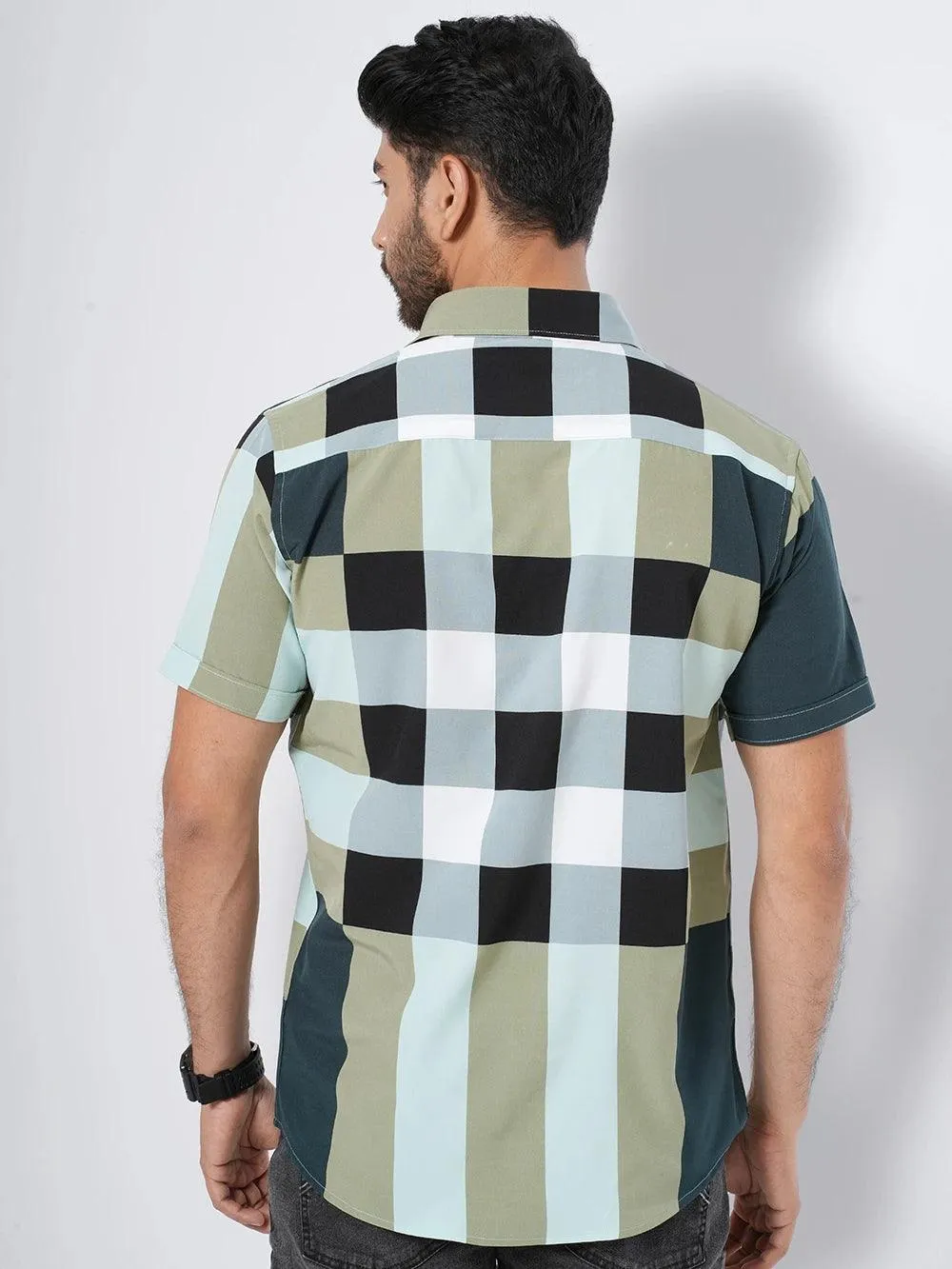 Men's Plaid Check in Seafoam Color Short Sleeve Shirt