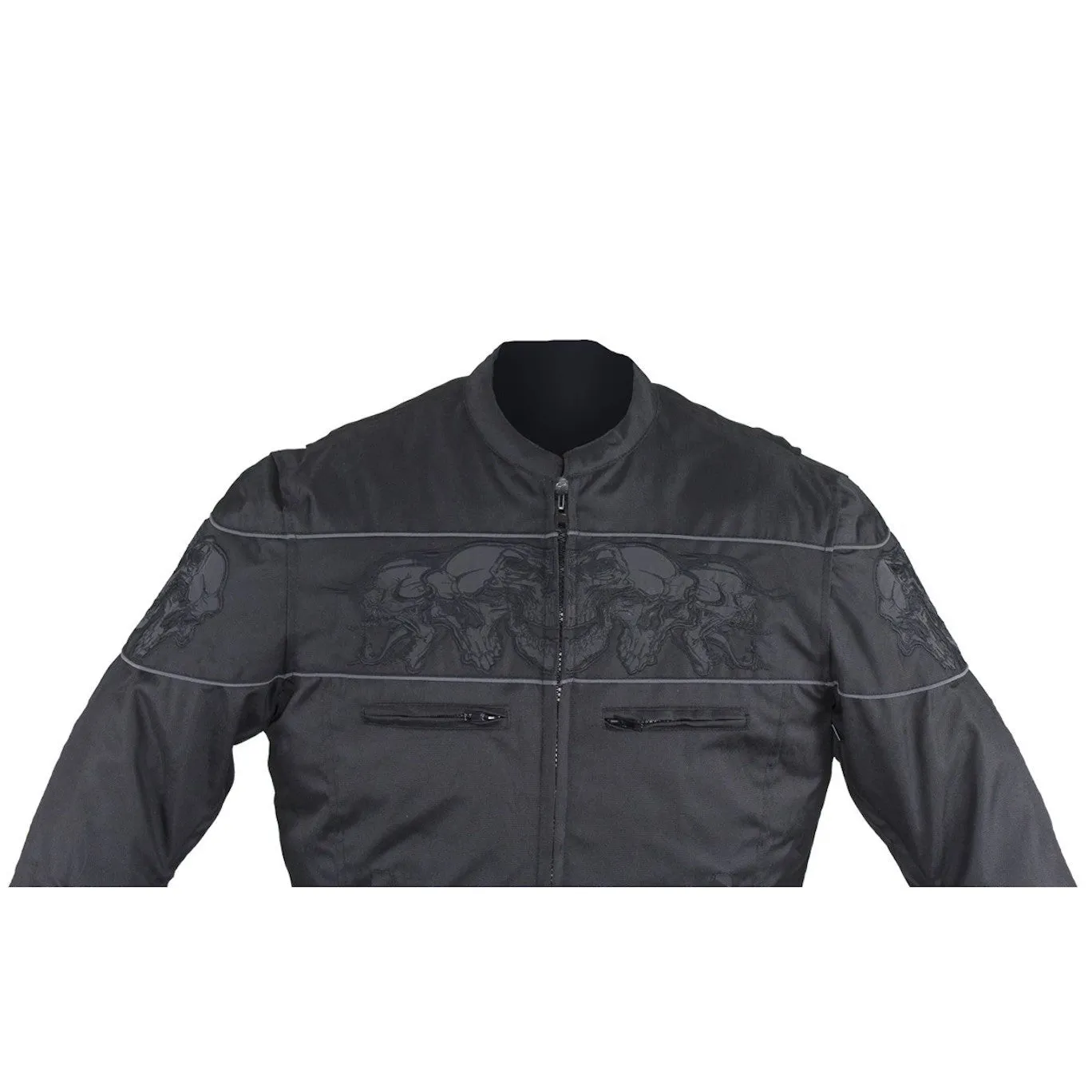 Men's Vented Textile Concealed Carry Motorcycle Jacket with Reflective Skulls