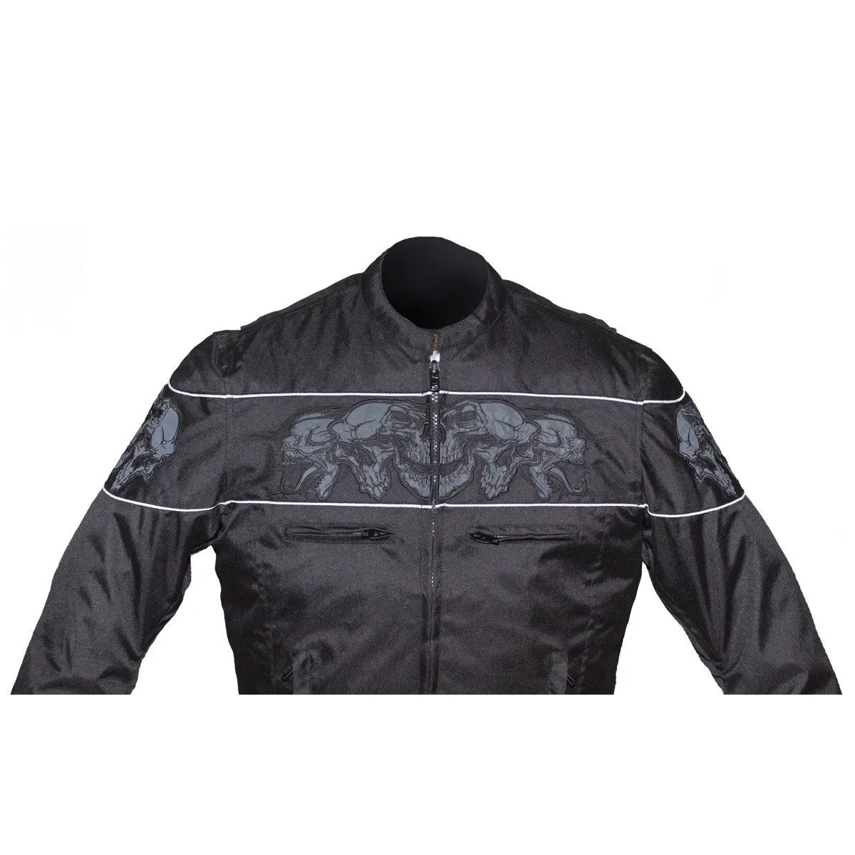 Men's Vented Textile Concealed Carry Motorcycle Jacket with Reflective Skulls