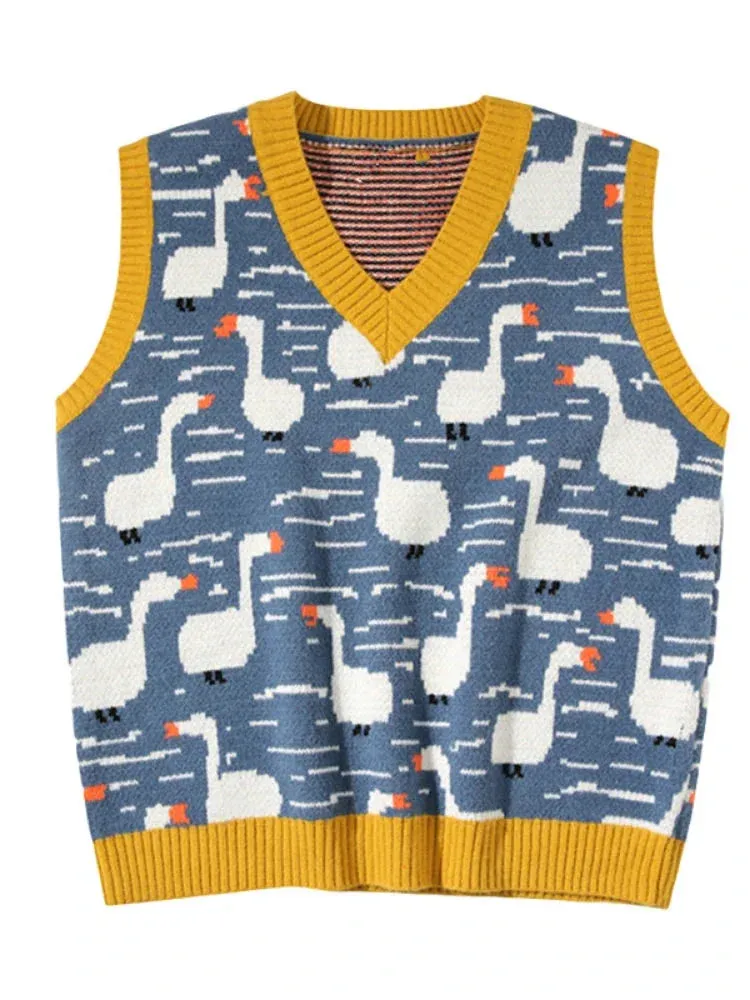 Metaversmall Winter Women Sweater Vest Chic Cartoon Duck Embroidery Jacquard Knitted Sleeveless V-neck Sweet Sweaters Girl Pullovers Top