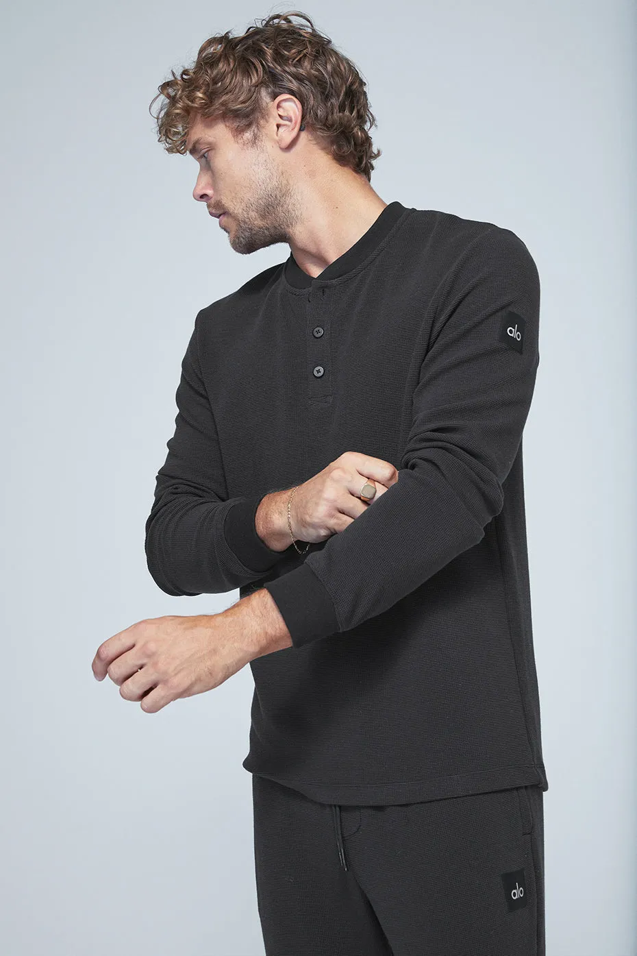 Micro Waffle Fast Break Henley - Black