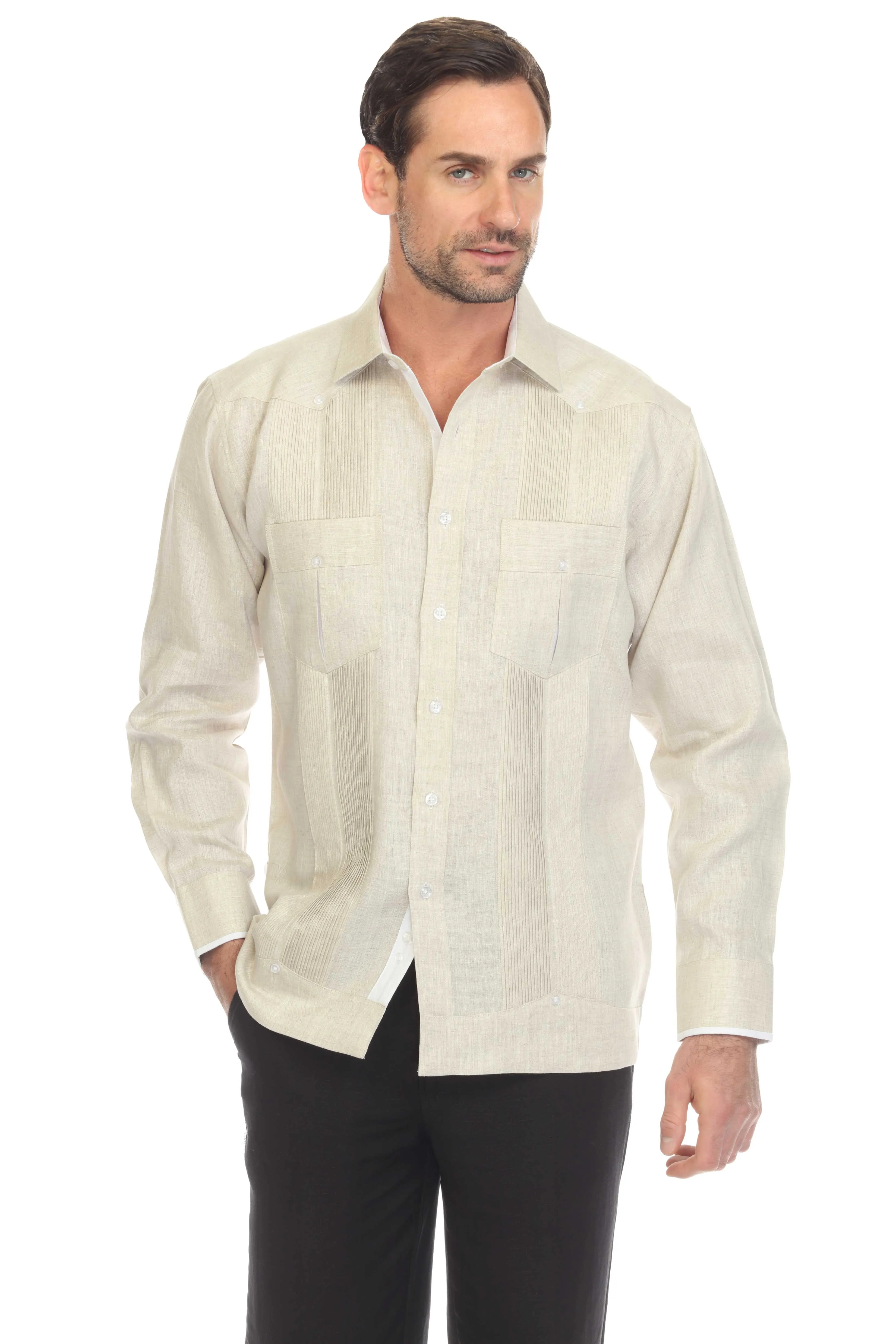 Mojito Men's 100% Linen Guayabera Shirt Long Sleeve with Print Trim Accent