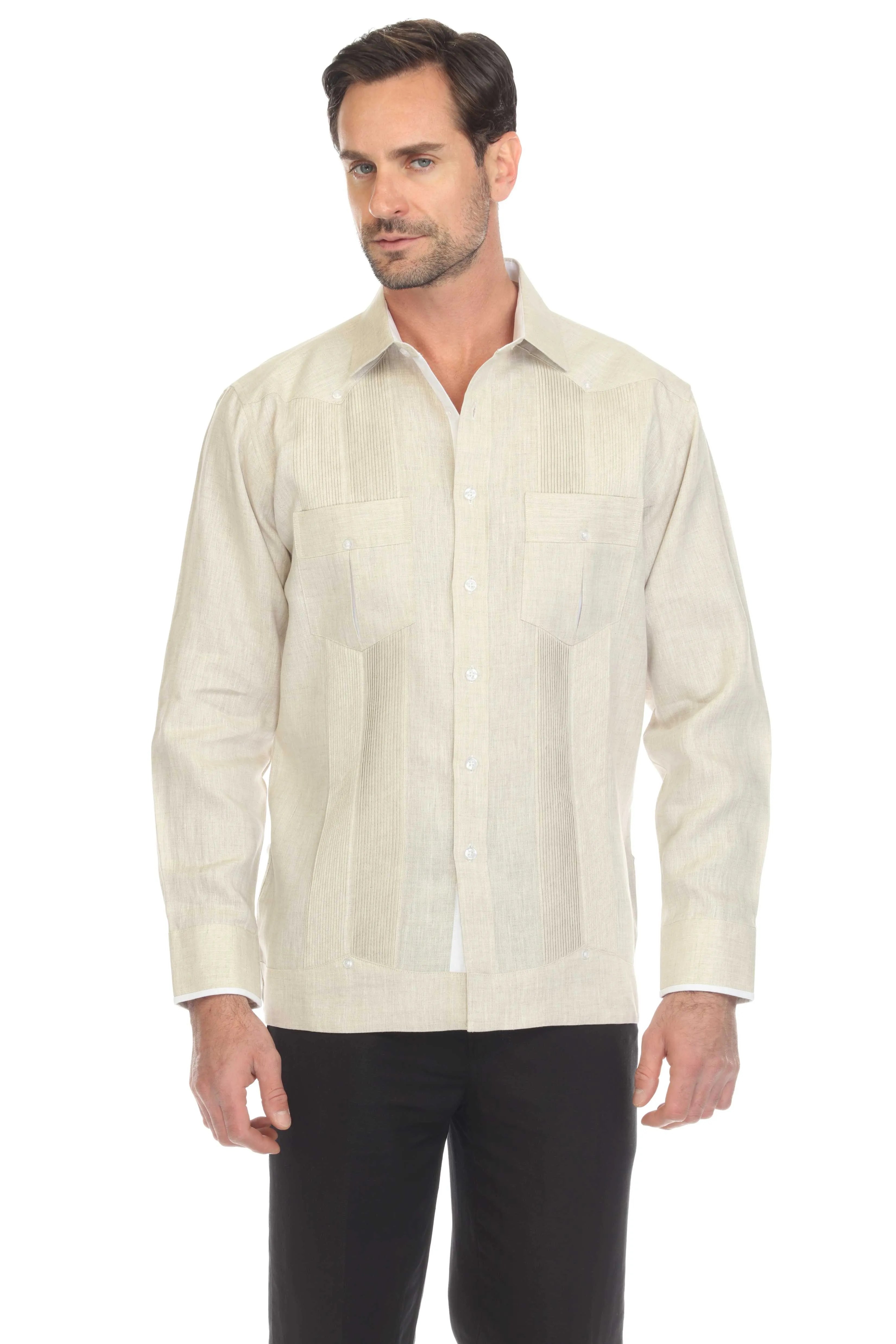 Mojito Men's 100% Linen Guayabera Shirt Long Sleeve with Print Trim Accent