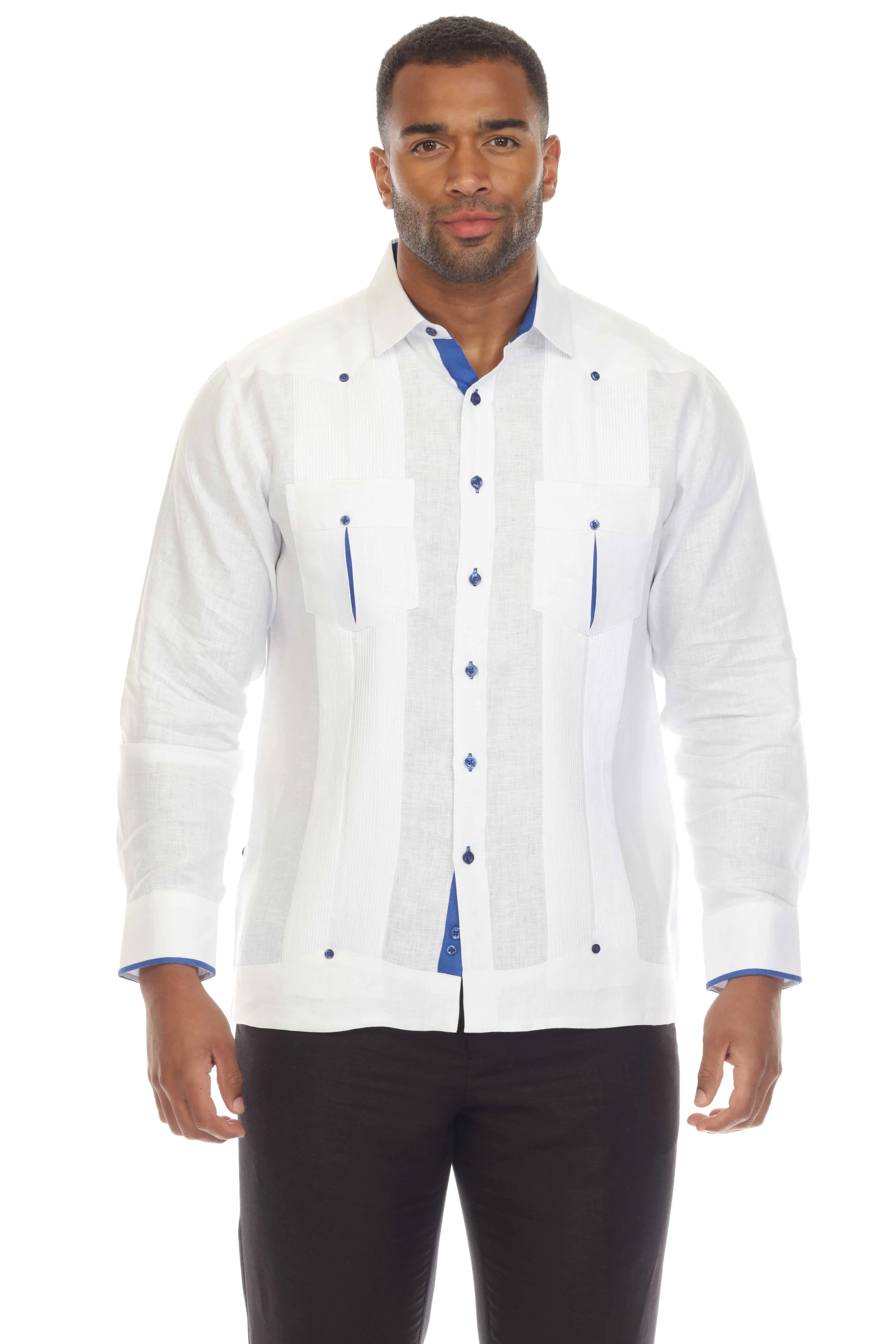 Mojito Men's 100% Linen Guayabera Shirt Long Sleeve with Print Trim Accent