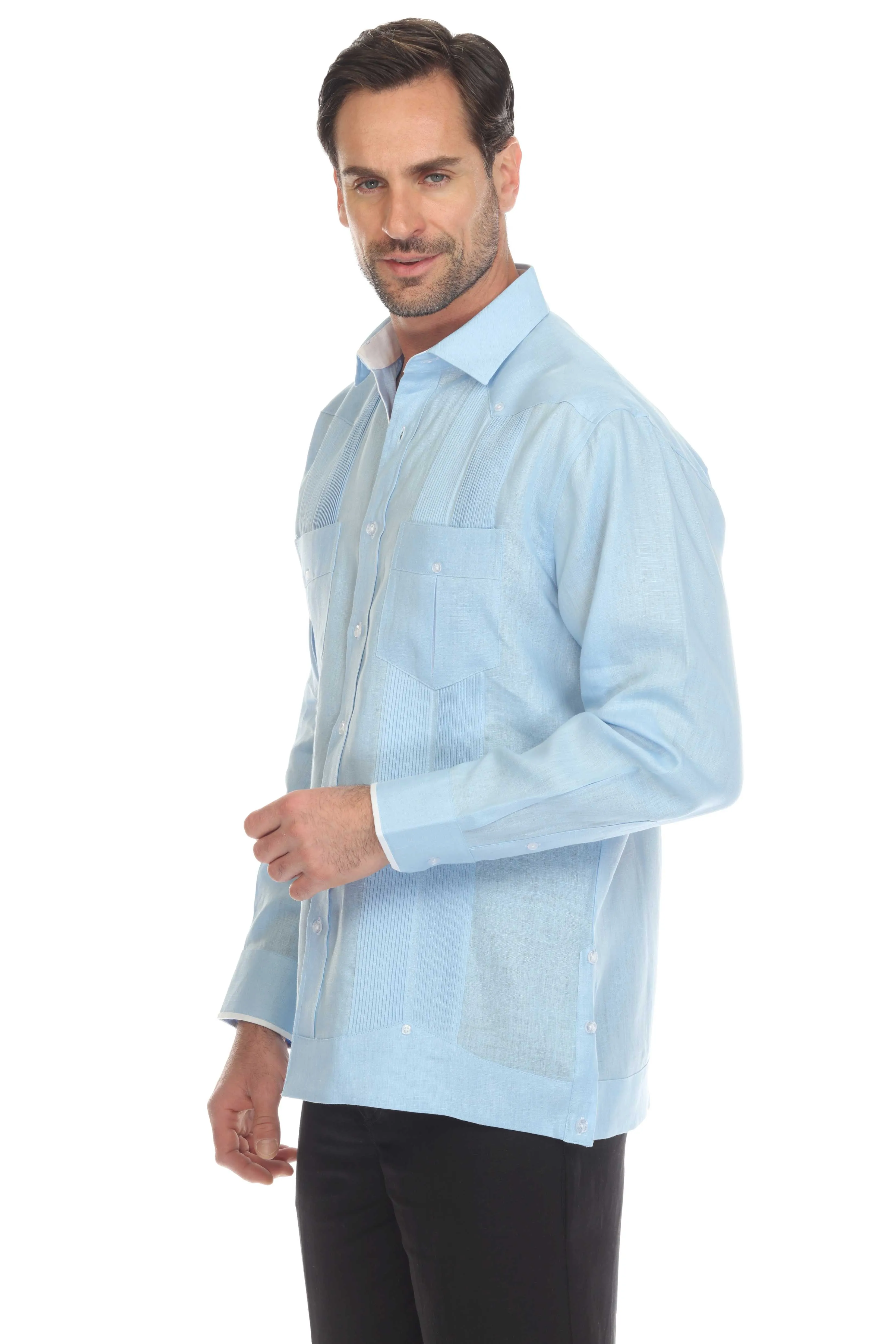 Mojito Men's 100% Linen Guayabera Shirt Long Sleeve with Print Trim Accent