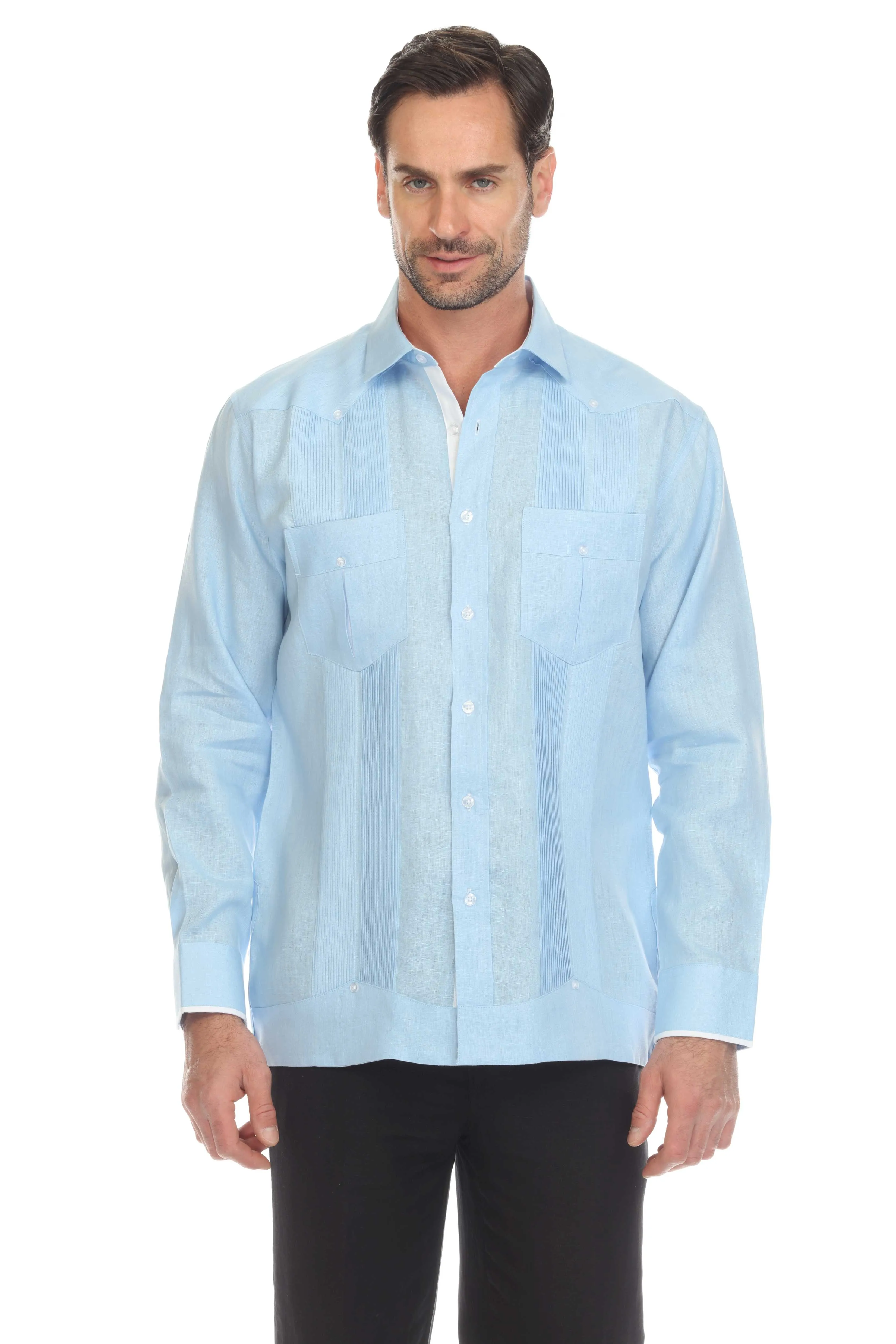 Mojito Men's 100% Linen Guayabera Shirt Long Sleeve with Print Trim Accent