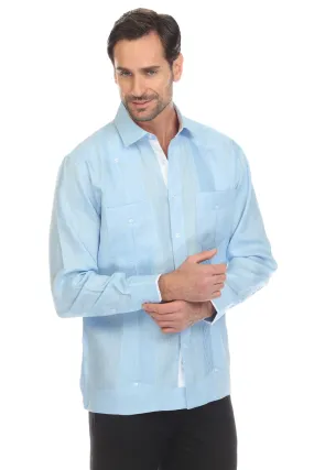 Mojito Men's 100% Linen Guayabera Shirt Long Sleeve with Print Trim Accent