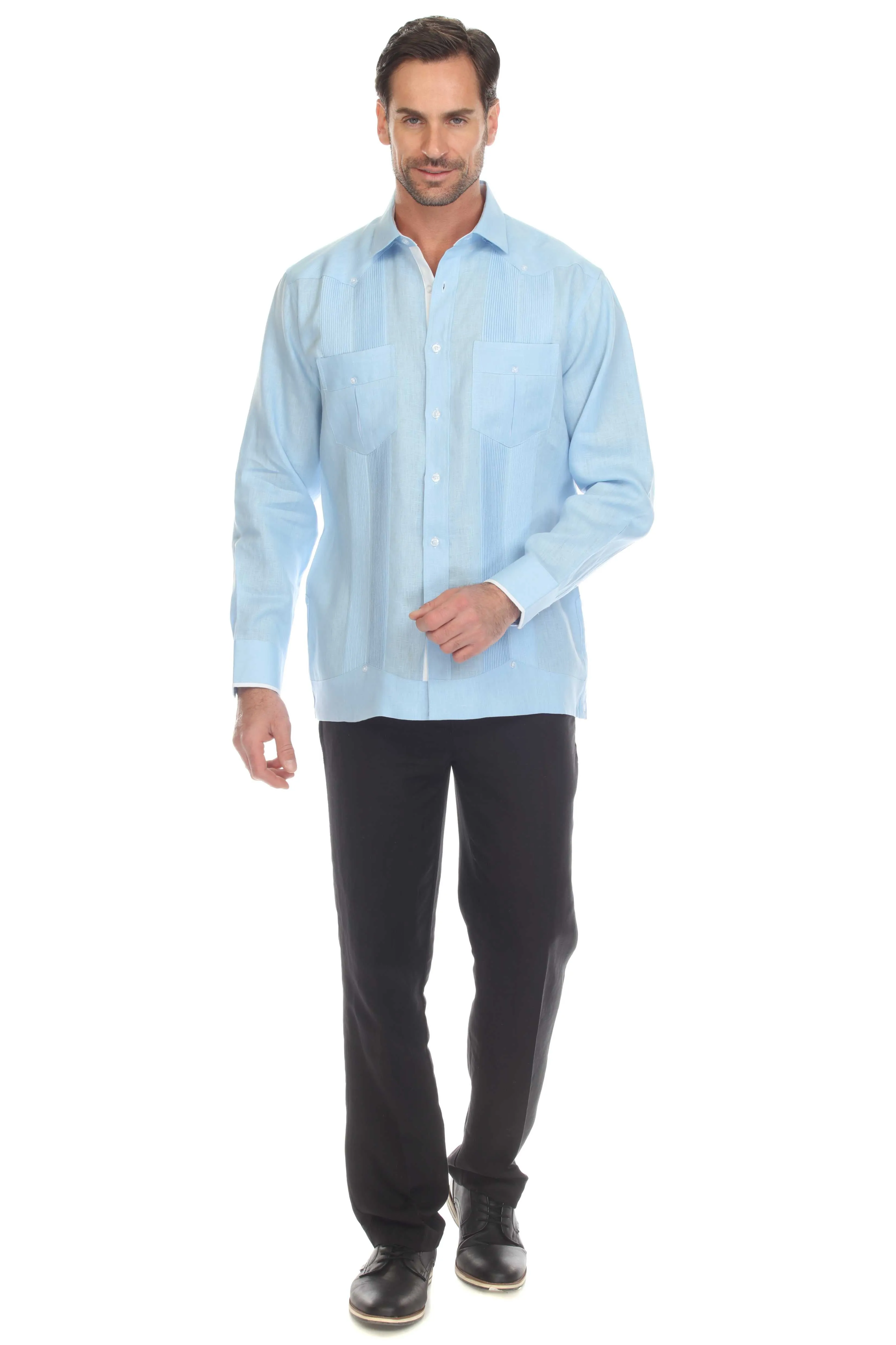 Mojito Men's 100% Linen Guayabera Shirt Long Sleeve with Print Trim Accent