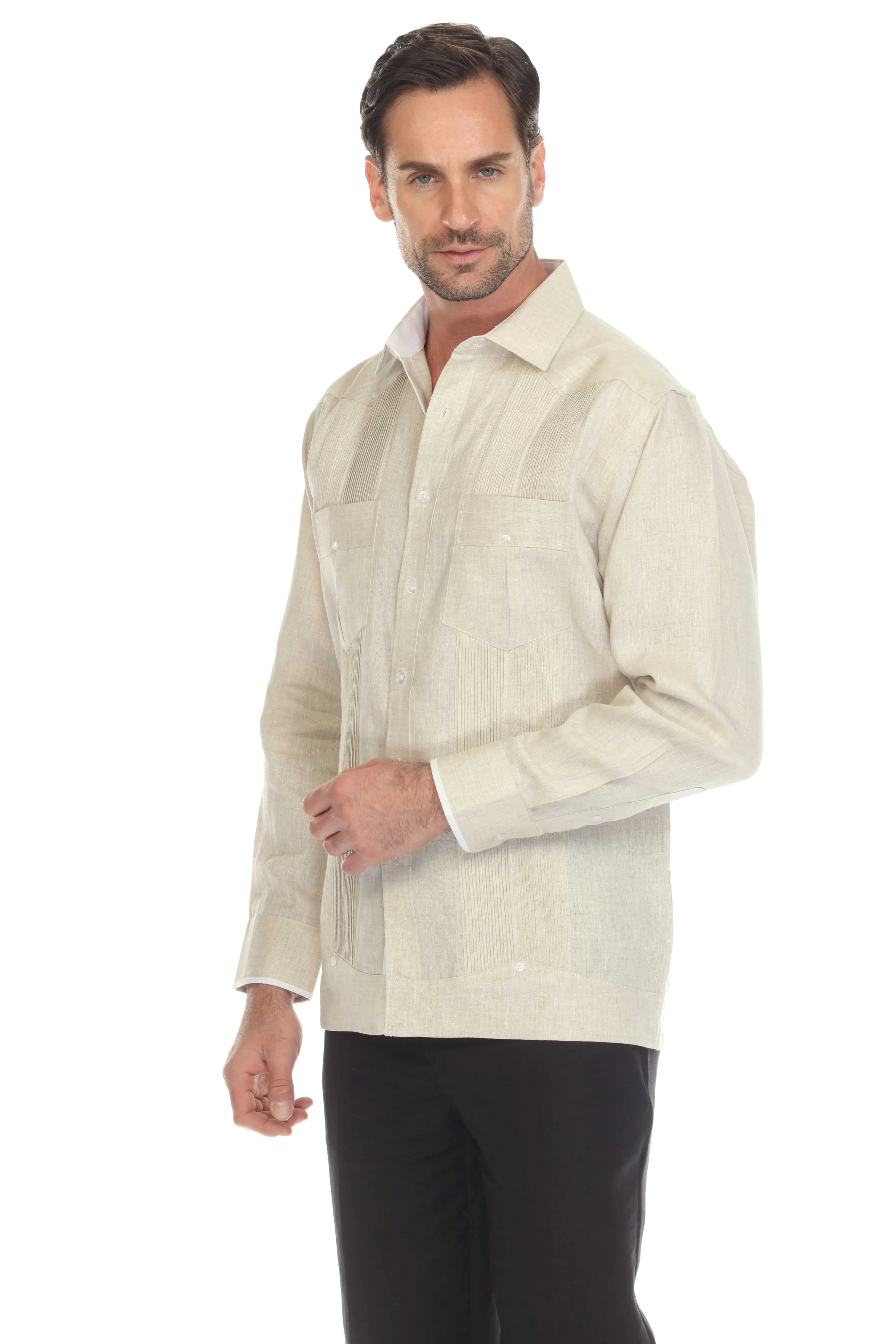 Mojito Men's 100% Linen Guayabera Shirt Long Sleeve with Print Trim Accent