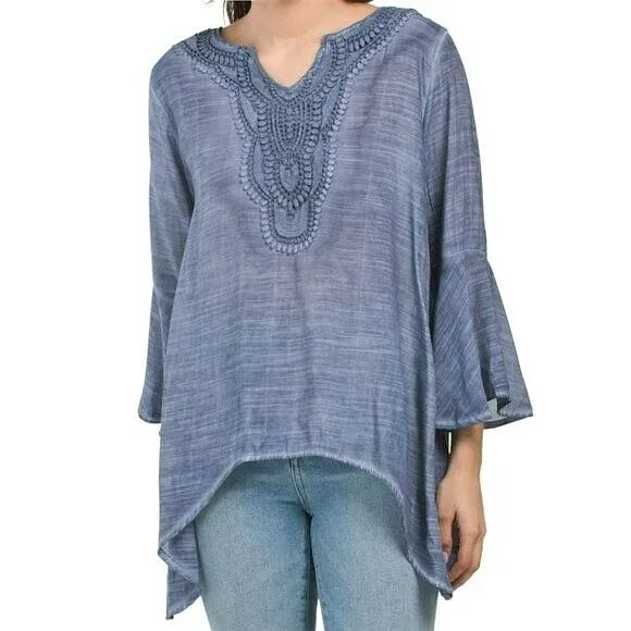 NWT SPENSE Boho Crochet Neck Bell Sleeve Relaxed Fit Blouse Tunic Large