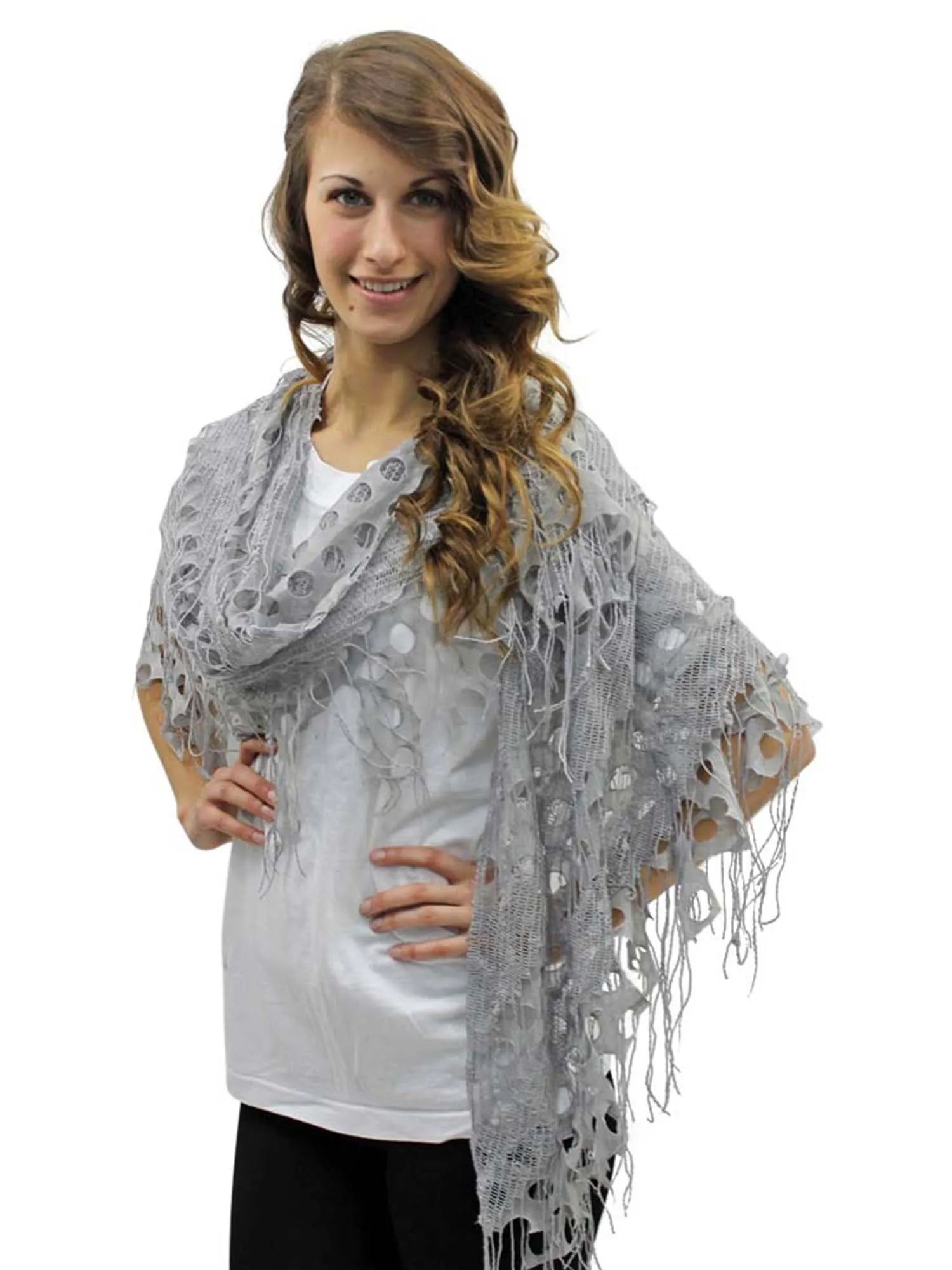 Open Knit Lace Net Fringed Shawl Scarf Wrap