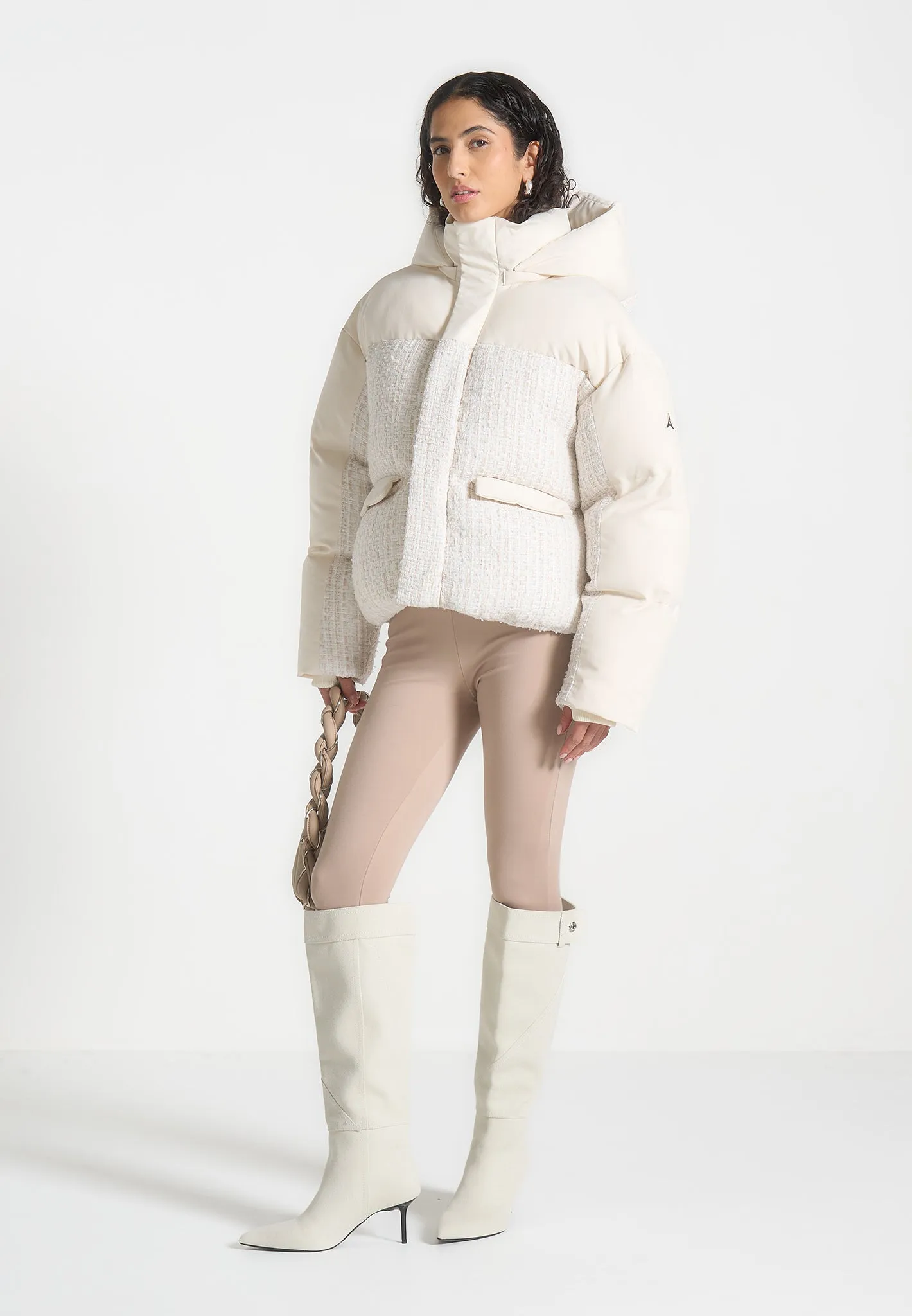 Oversized Tweed Puffer Jacket - Cream