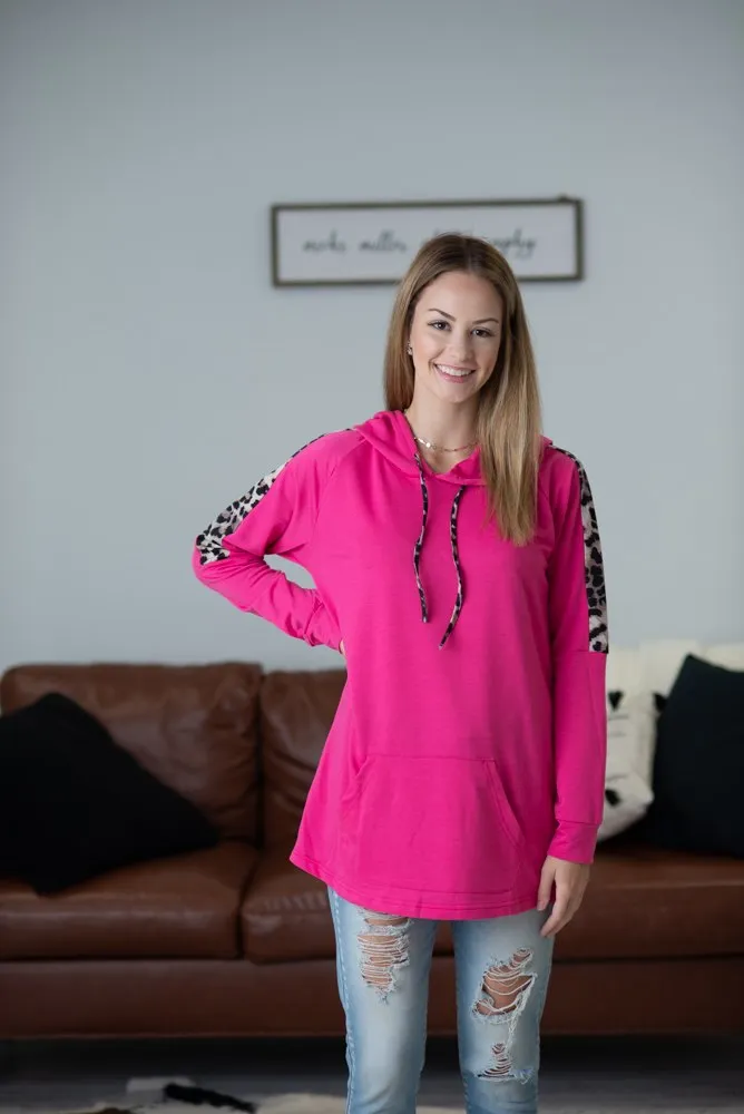 Pink Leopard Trimmed Hoodie