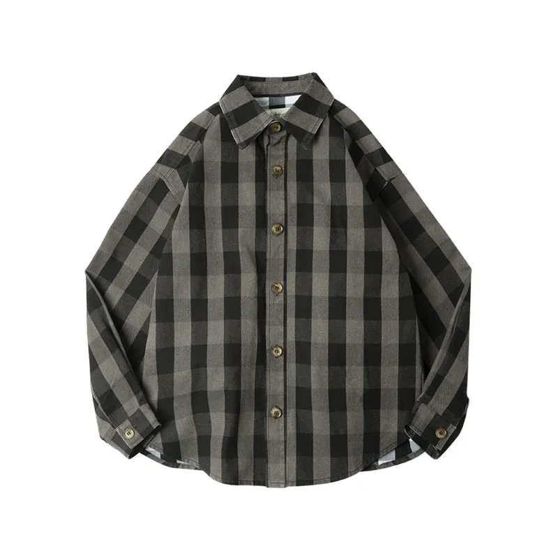 Plaid Men's Shirts Retro Casual Single Breasted Loose Long-sleeved Turn-down Collar