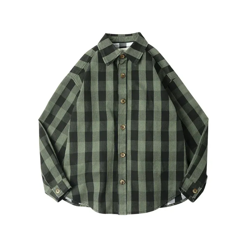 Plaid Men's Shirts Retro Casual Single Breasted Loose Long-sleeved Turn-down Collar