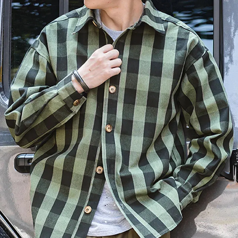 Plaid Men's Shirts Retro Casual Single Breasted Loose Long-sleeved Turn-down Collar