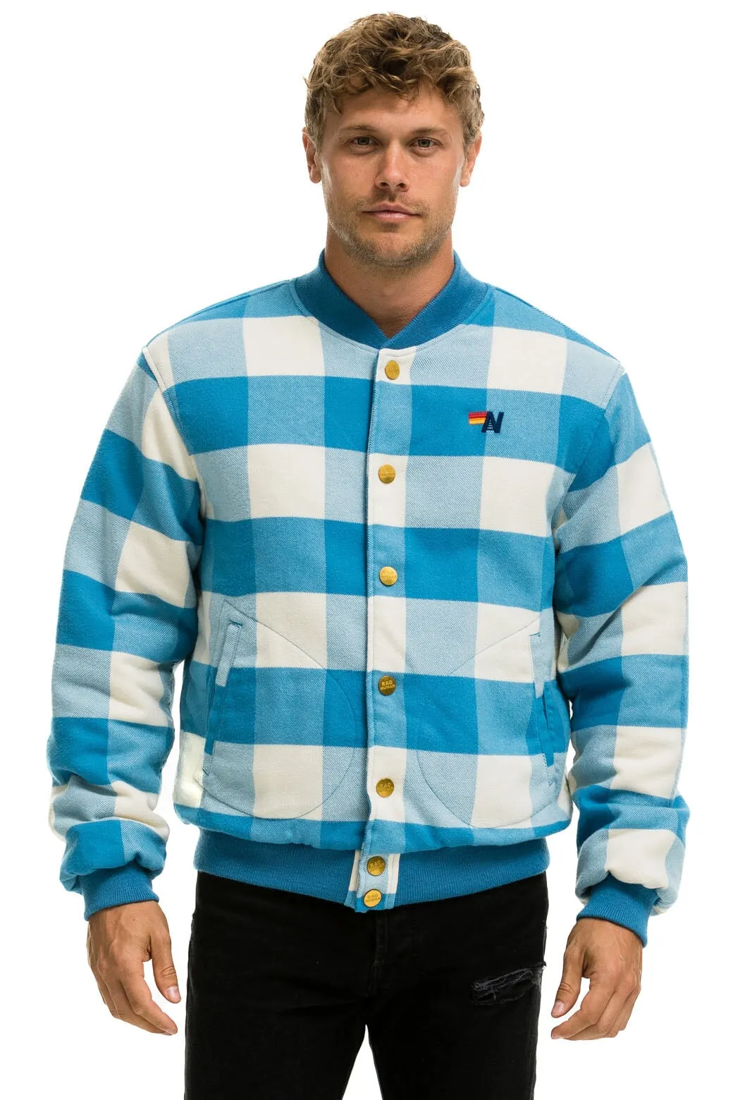 PLAID UNISEX VARSITY JACKET - SKY PLAID