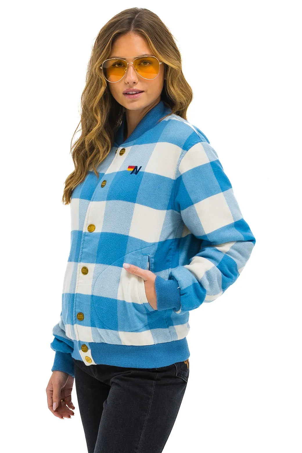 PLAID UNISEX VARSITY JACKET - SKY PLAID