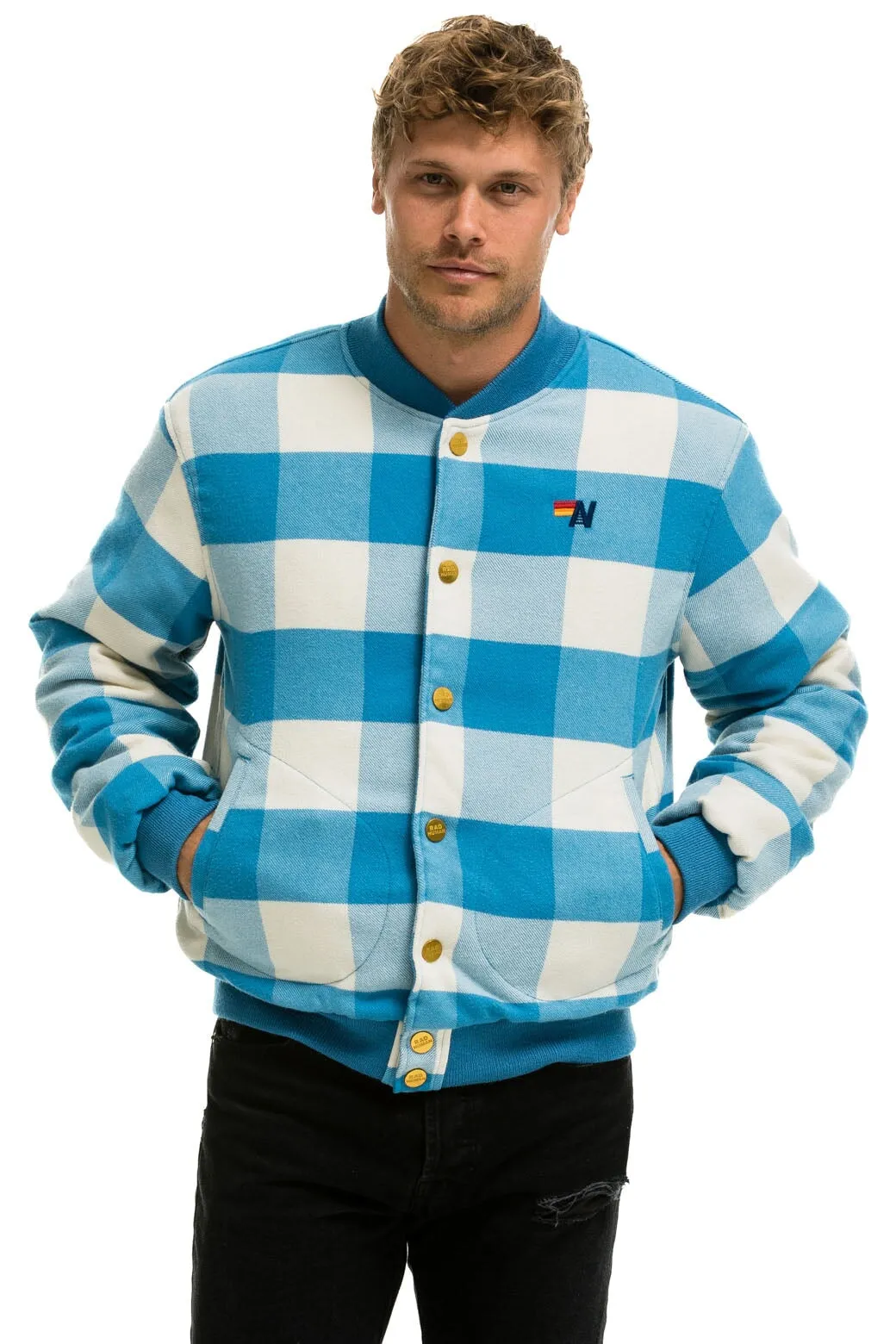 PLAID UNISEX VARSITY JACKET - SKY PLAID