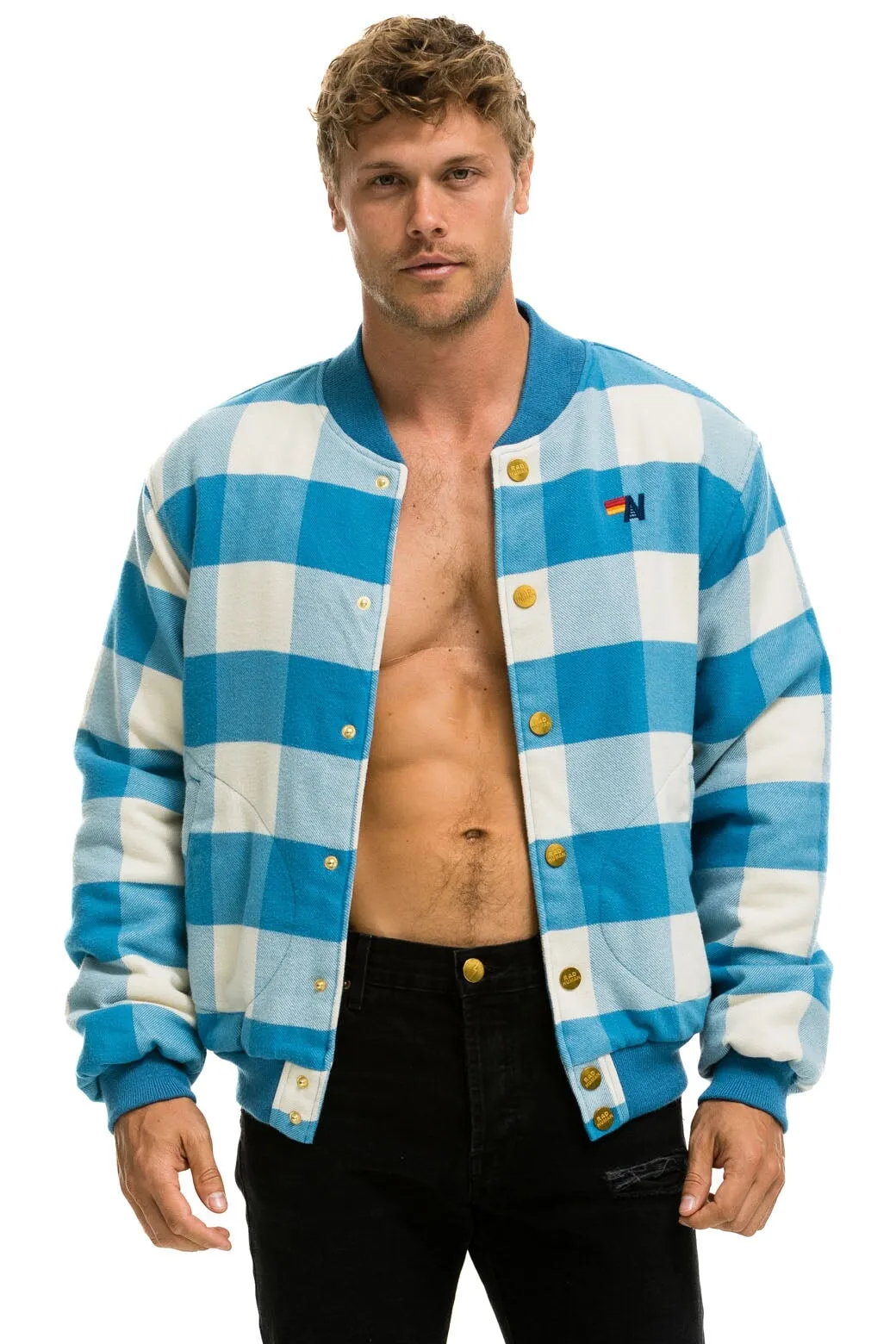 PLAID UNISEX VARSITY JACKET - SKY PLAID