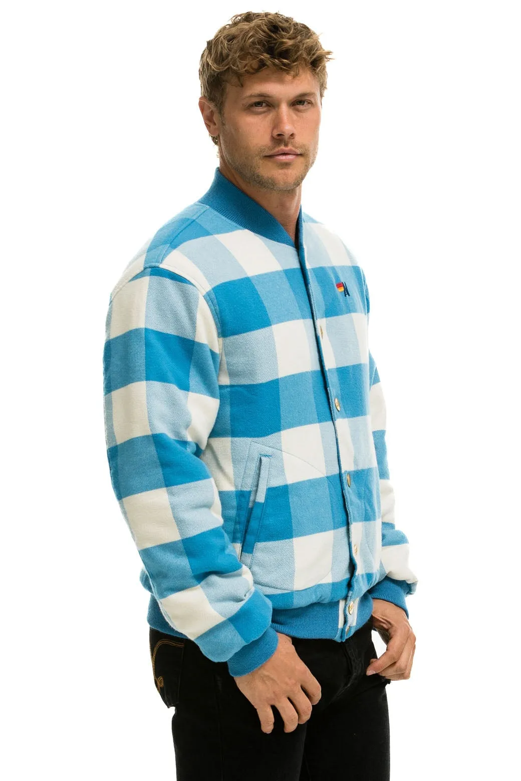 PLAID UNISEX VARSITY JACKET - SKY PLAID