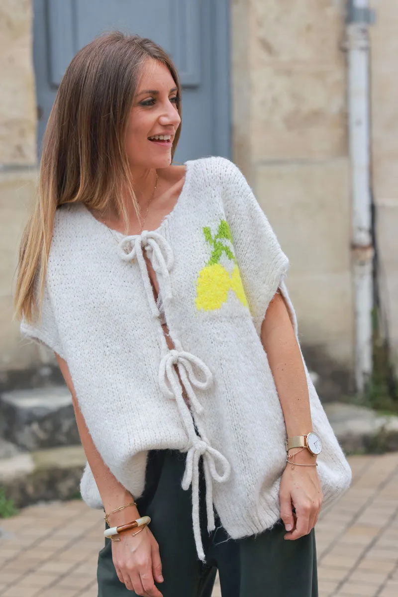 Pull / Gilet sans manches beige grosse maille avec nœuds motif citrons