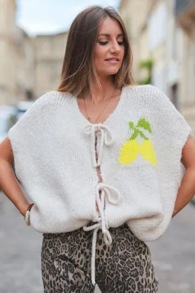 Pull / Gilet sans manches beige grosse maille avec nœuds motif citrons