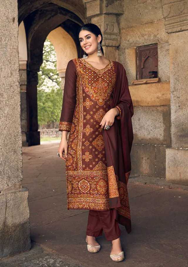 Pure Handloom Weaving Pashmina Brown Maroon Winter Suits Set