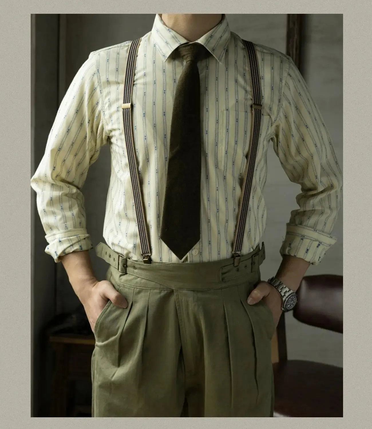 Retro 1930s Stripes Jacquard Shirts - Men's Cotton Workwear