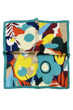 Retro Floral Colour Edge Print Square Scarf - Teal