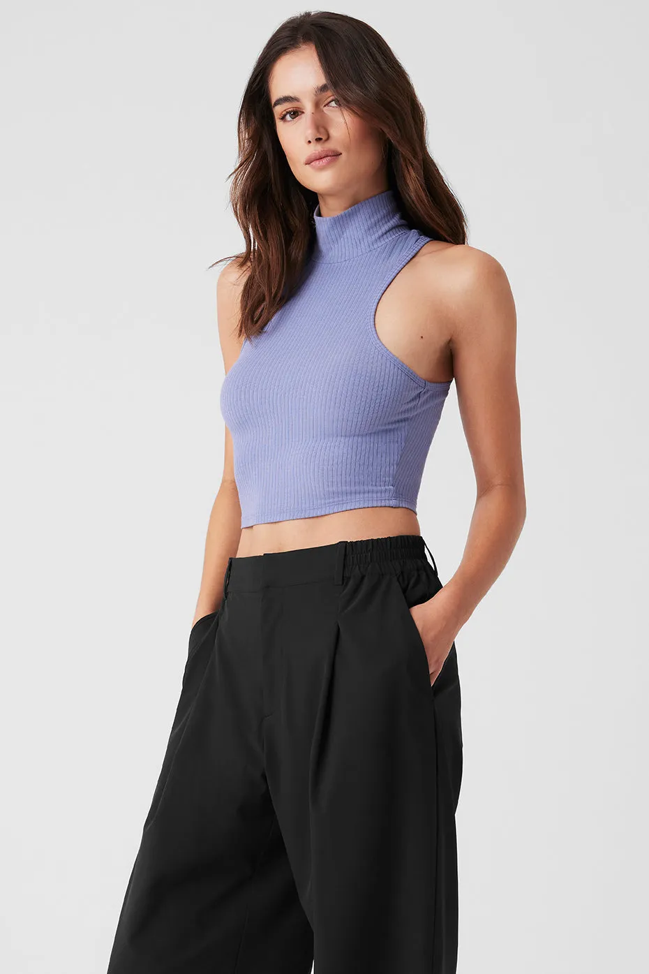 Ribbed Sea Coast Cropped Turtleneck Tank - Lilac Blue.