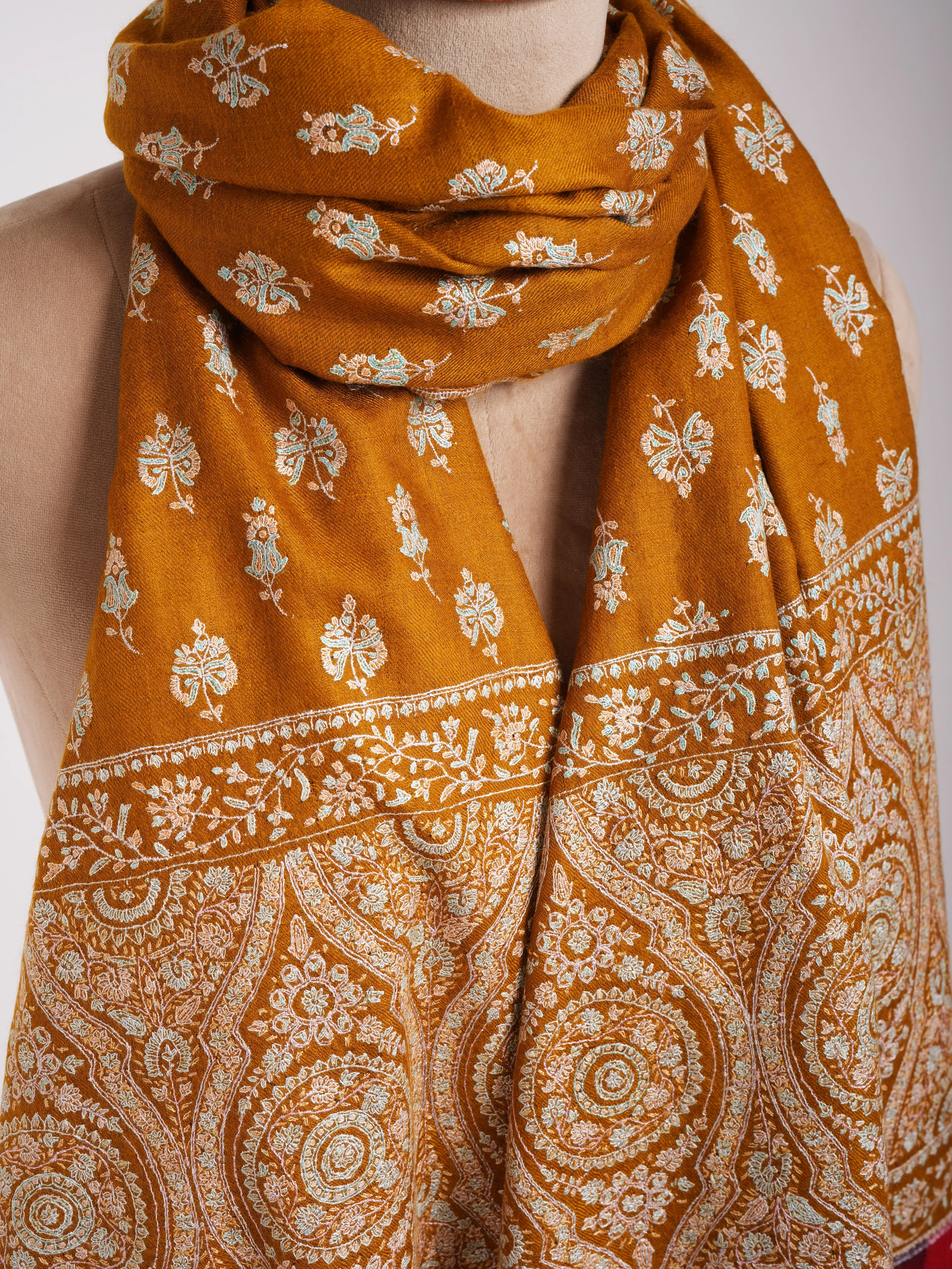 Royal Mustard Handmade Indian Pashmina Embroidered Shawl