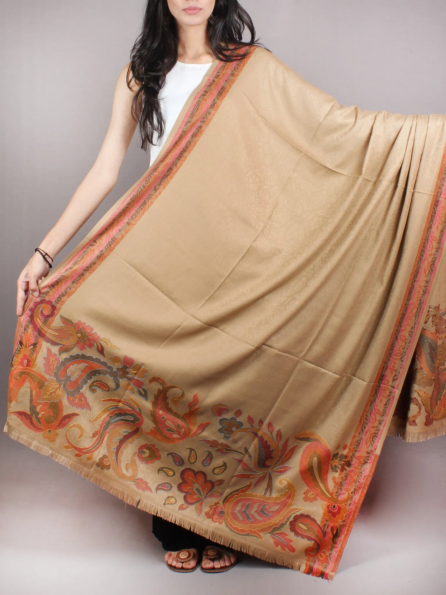 Sandy Brown Black Red Shawl in Paisley-Self With Sozni Border From Kashmir - S200203