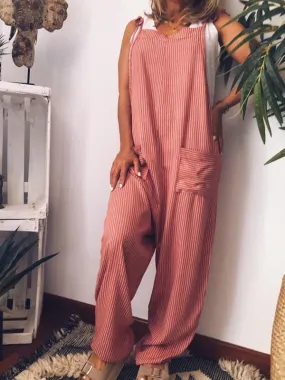 Sexy Open Back Tie Deep V-neck Striped Sling Jumpsuit