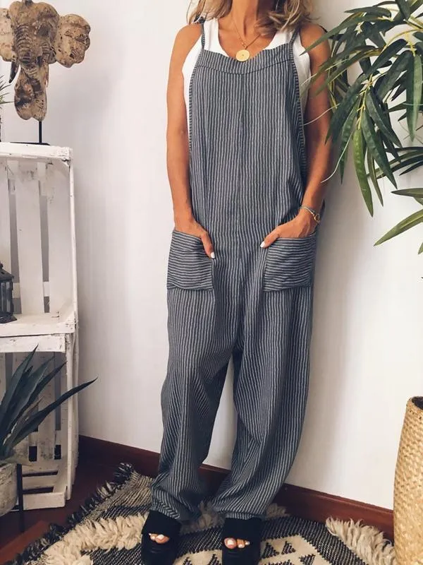 Sexy Open Back Tie Deep V-neck Striped Sling Jumpsuit