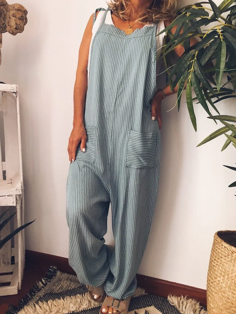 Sexy Open Back Tie Deep V-neck Striped Sling Jumpsuit