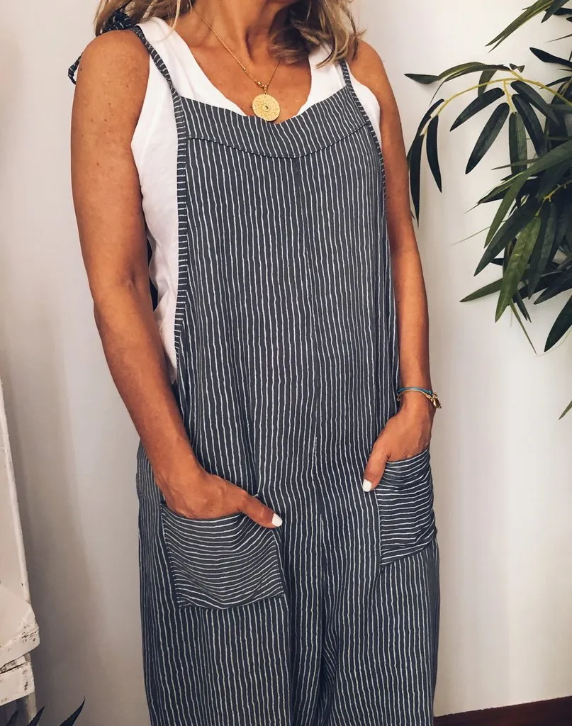 Sexy Open Back Tie Deep V-neck Striped Sling Jumpsuit